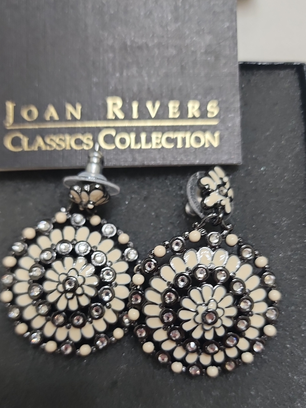 Joan Rivers Black and Cream Floral Medallion Drop Earrings